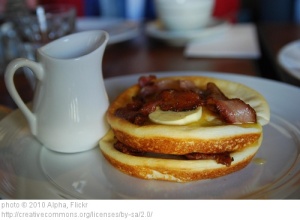 The best way to celebrate Fat Tuesday: pancakes with Canadian bacon and real maple syrup.